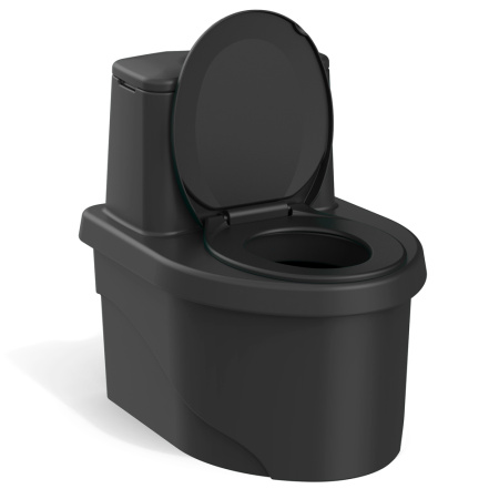 Торфяной биотуалет «РОСА» PREMIUM чёрного цвета вид спереди с открытой крышкой